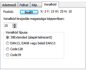 - címkeméret: egységnyi címke mérete (A4-es papírnál is egyetlen címke méretét jelenti), az X, Y pedig eltolhatja a címke bal-felső kezdőpontját Címke-mezőkkel kapcsolatos beállítások (jobb oldal): -