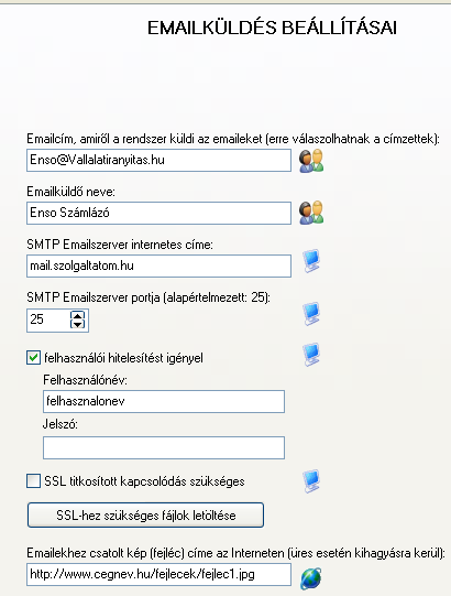 EMAILKÜLDÉS BEÁLLÍTÁSAI Beállítások ablak - Emailküldés rész Itt állíthatjuk be SMTP protokoll szempontjából a levélküldést.