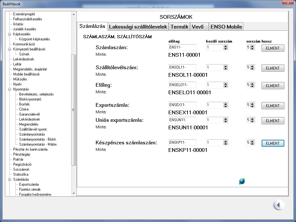 Fontos, hogy minden egyes sorszámtípus beállítása után kattintsunk az ELMENT gombra, mivel ilyenkor az ENSO biztonsági okokból frissíti az aktuális értékeket.
