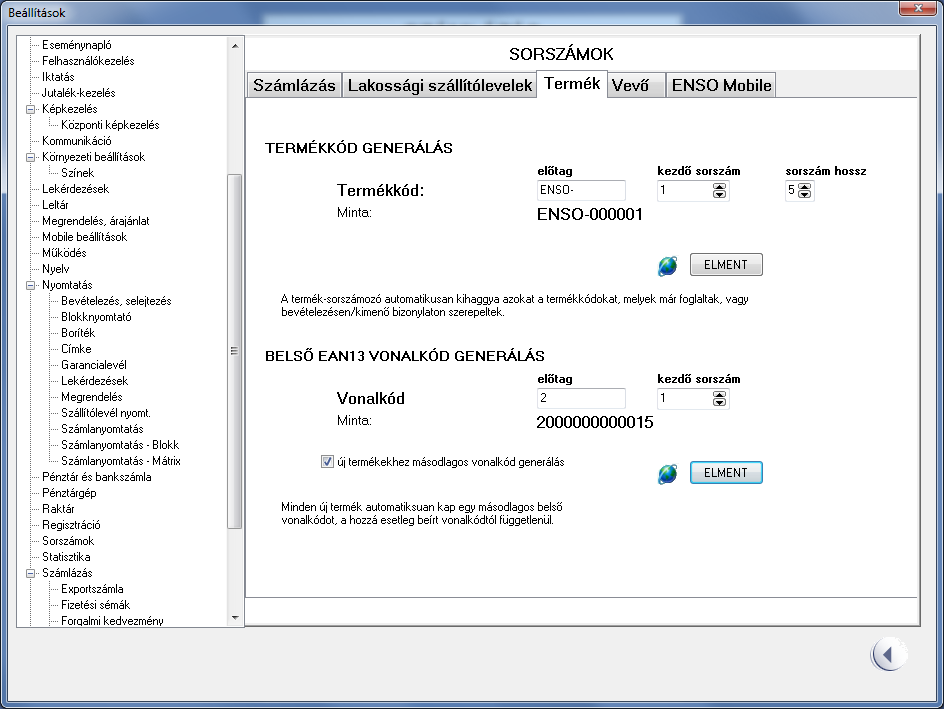 TERMÉK Ezen a fülön felül az új termékek létrehozásánál automatikus generált termékkód beállításait adhatjuk