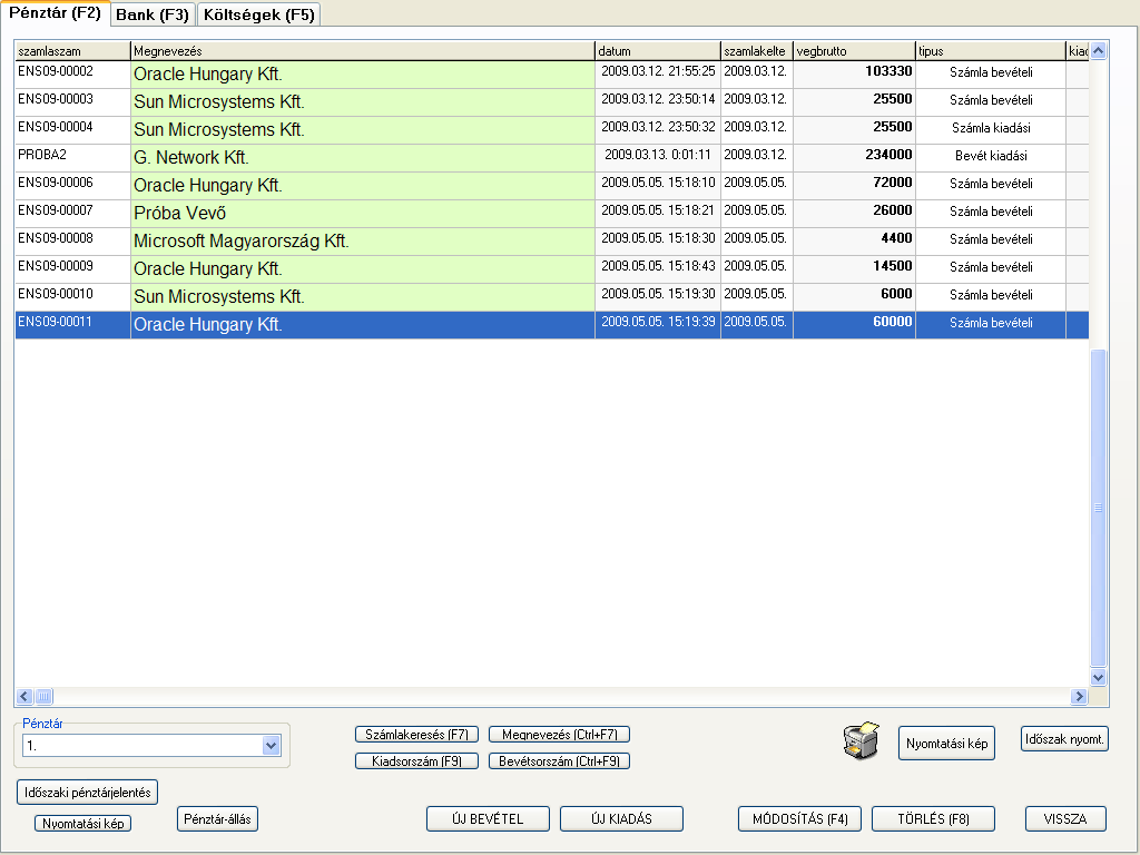 PÉNZTÁR, BANK, KÖLTSÉGEK KEZELÉSE A főmenüből közvetlenül elérhető három füllel rendelkező ablak, három különböző tétel-típus rögzítésére, listázására, adminisztrálására, lekérdezésére és