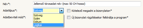 Az adattípus Szöveg, Szám, Dátum és Logikai lehet, ami lenyitható menüből választható ki.