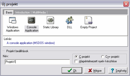 VC++ 2005-ben hasonlóképp a File menü New/Project beállítását választjuk. Az ablakok kicsit mások. A Solution Explorer bal oldalon található. DevC++ Itt is Fájl/Új/Project, majd Console Application.