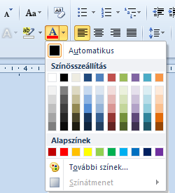 A karakterek színét a Betűszín (Font color) tudjuk meghatározni utasítással tudjuk meghatározni.