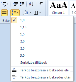 A Sorközbeállítások (Line Spacing Options) menüpont segítségével a Bekezdés párbeszédablak Behúzás és térköz füle nyílik meg (36.