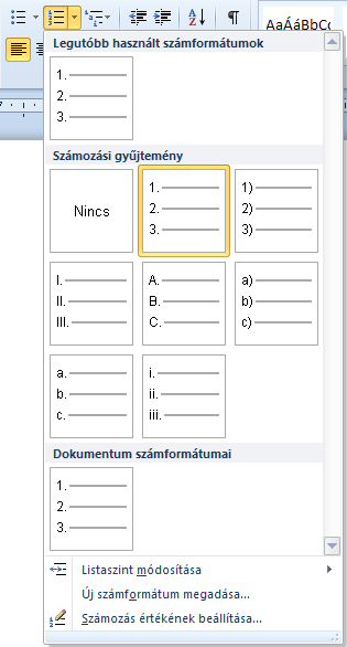 A többszintű lista elemei allistálat is tartalmaznak, amely számozásas ennek függvényében módosul (például: 1., 1.1., 1.1.1., 2., 2.1., 2.1.1.).