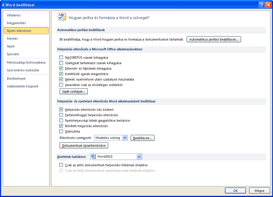 5. kép A Nyelvi ellenőrzés beállításai A Mentés (Saves) menüpont kiválasztása után, lehetőségünk van a mentésre vonatkozó beállításokat pontosítani.