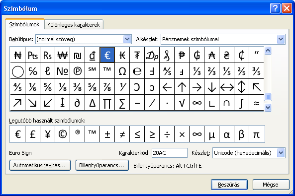 A Különleges karakterek (Special Characters) fülön egyszerűen kiválaszthatunk egyes gyakran használt különleges karaktereket (Euró jel, Copyright szimbólum, nyomdai idézőjelek, stb.). Ha valóban gyakran használjuk ezeket a szimbólumokat, érdemes lehet megjegyezni a hozzájuk tartozó billentyűkombinációkat.