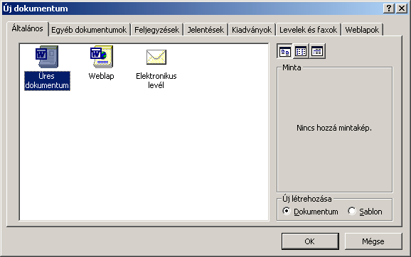 Word 2000 modul 1. fejezet Új dokumentum létrehozása Amikor elindítjuk a Word-öt, az automatikusan létrehoz egy üres dokumentumot, melyet a címsorban a Dokumentum1 felirat jelöl.