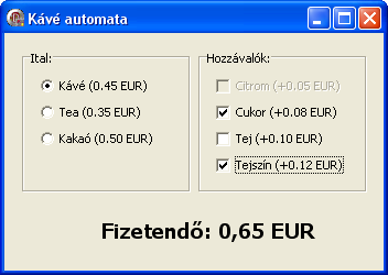 a hozzávalókat (citrom, cukor, tej, tejszín). A szoftver számolja ki és jelenítse meg a fizetendő összeget! Teához ne lehessen tejszínt, kávéhoz citromot, kakaóhoz se citromot, se tejszínt kérni!