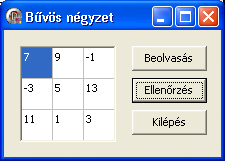 25. Olvassunk be egy 3*3-as mátrixot, majd ellenőrizzük, hogy a mátrix bűvös négyzet-e, azaz sorainak, oszlopainak és átlóinak összege azonos-e (az eredményt egy MessageBox segítségével jelenítsük