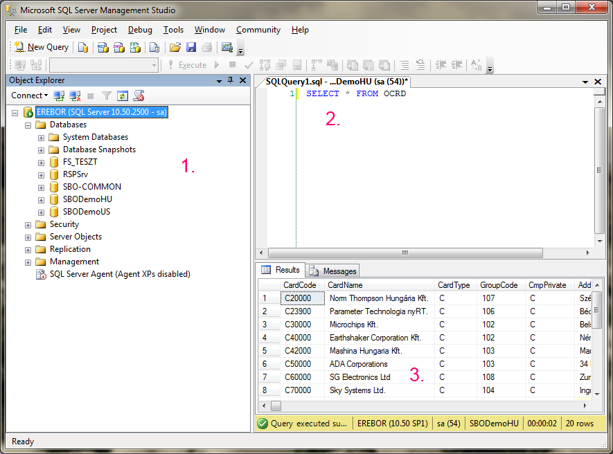 SAP Business One 22 2.2.1. Microsoft SQL Server 2008 R2 Management Studio 10. ábra A Microsoft SQL Server 2008 R2 Management Studio az adatbázisok menedzselését segíti (10. ábra).