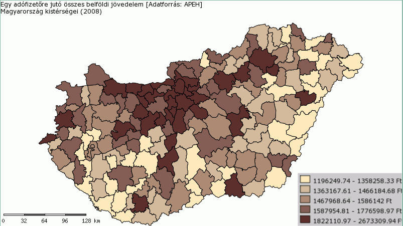 A borturizmus bemutatása és gazdasági hatásai az egri borrégió éldájá Eze az ábrá az egy adófizetőre jutó összes belföldi jövedelmet láthatjuk Heves megye térségeibe.