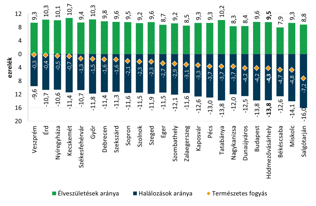 A nyers halálozási arányszám tekintetében azonban a vizsgált városok átlagos 12,2- es, és különösen az országos 13,5-es értékeivel szemben Hódmezővásárhelyen 13,8 ezrelékes halálozási arány