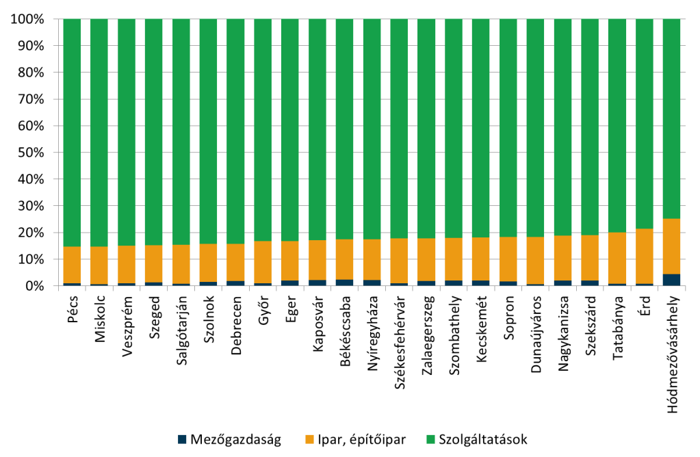 A KSH 2011-es adatai alapján a Hódmezővásárhelyen működő vállalatokat vizsgálva egyértelmű a szolgáltató szektor dominanciája (75%).