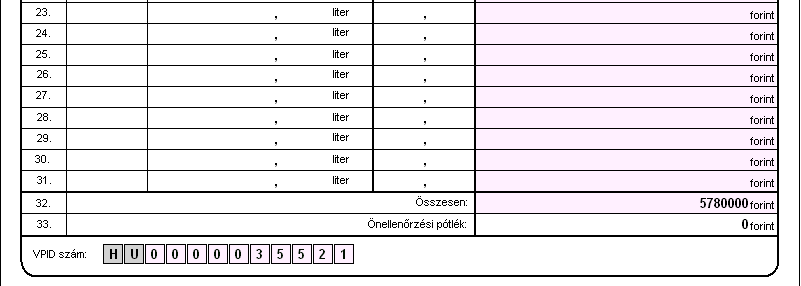 A bevallás D) részében a tárgyidőszakban visszaigényelhető jövedéki adó összegét kell bevallani. Az egyes sorokban (01-31.