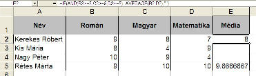 8. Példa. Készítsünk egy táblázatot, mely kiszámítja a tanulók médiáját, ha mindegyik tantárgyból átmentek.