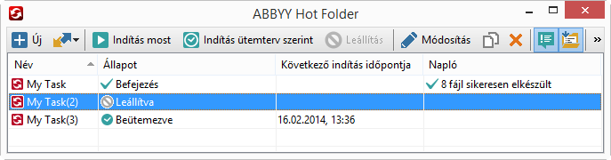 A beállított feladatok listája az ABBYY Hot Folder főablakában jelenik meg.