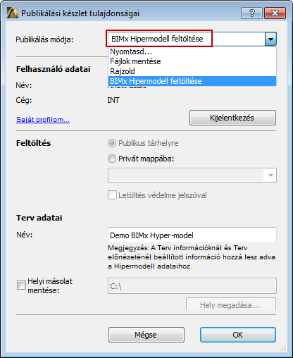 BIMx Hipermodell mentése vagy feltöltése Leírás itt: BIMx 3D modell megosztása. Két lehetőség közül választhat: vagy feltölti a modellt egy publikus tárhelyre, vagy egy privát mappába.