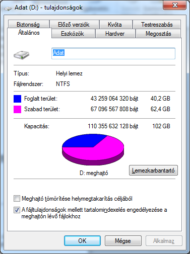96 Fájlrendszerek tulajdonságai 47. ábra: Kötet tulajdonságai Az Általános fülön kihasználtsági adatokat látunk, illetve bekapcsolható a tömörítési és tartalomindexelési funkció.