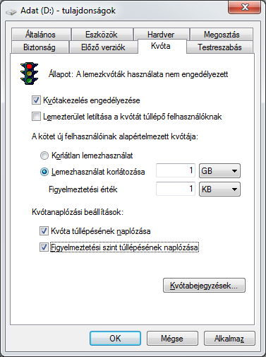 Fájlrendszerek tulajdonságai 97 48. ábra: Kvótakezelés Megadható az új felhasználókra vonatkozó kvóta, illetve a Kvótabejegyzések gombra kattintva akár felhasználónként beállíthatóak a korlátozások.