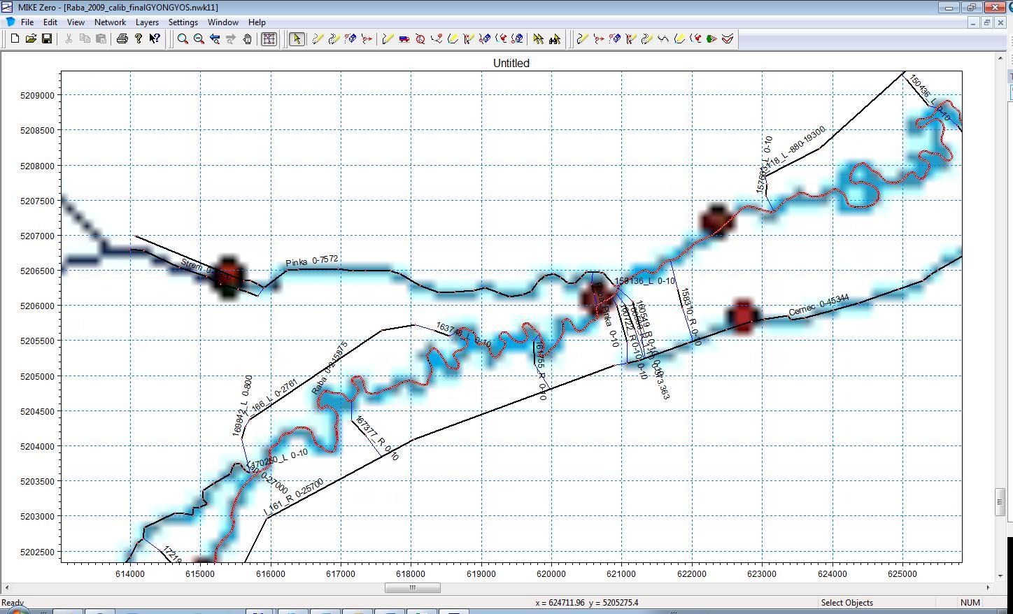 ábra 24 Mért és számított vízállás (balra), számított vízhozam (jobbra) Szentgotthárd állomás, 2009. (fekete vonal számított, kék vonal mért) A kalibráció következő része a meglévő idősoroktól függ.