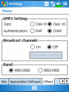 A telefon testreszabása Klikkeljen a Menu, Options, majd a Phone, Services, Network, Skin, Appreciation software vagy az Others fülre a beállítások megváltoztatásához.