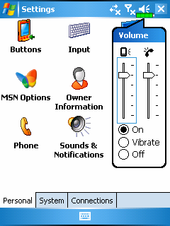 Hangerı beállítása "Adjust Volume" A hangerı beállításához használja a Pocket PC oldalán található gombot vagy a ceruzával klikkeljen a ikonra, a képernyı tetején majd a ikon alatt állíthatja be a