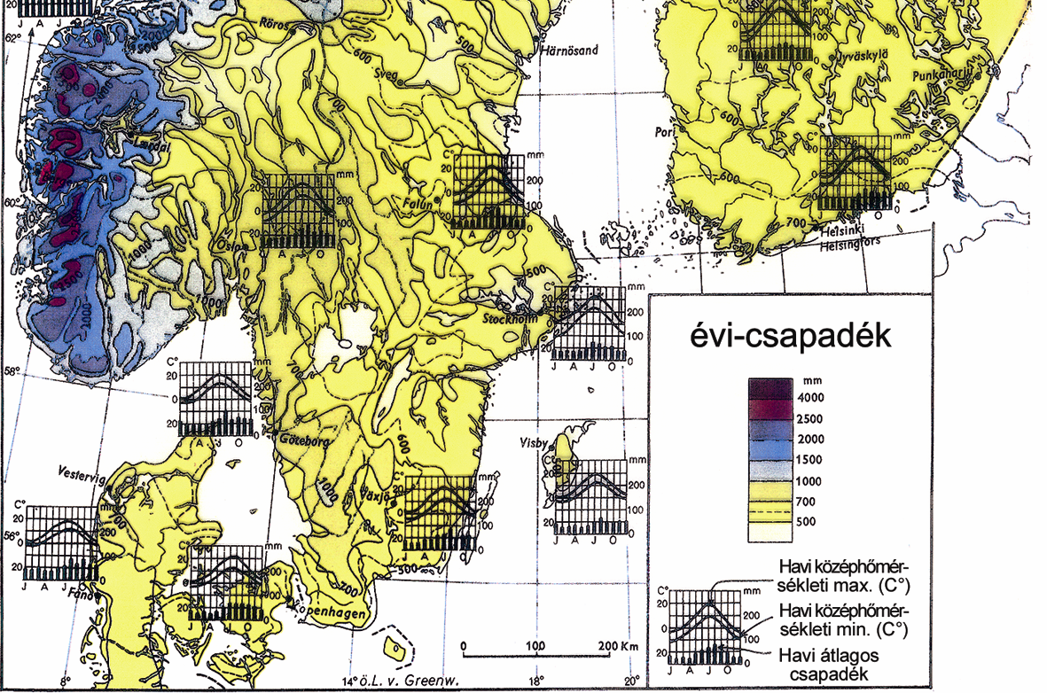 Finnországban viszont már csak 4-5 oc (január ( 5) 7 oc, július 16-17 oc). A csapadék évi mennyisége 500-600 mm; növényzetét vegyes erdők, fenyő, nyír, esetleg bükk alkotja.