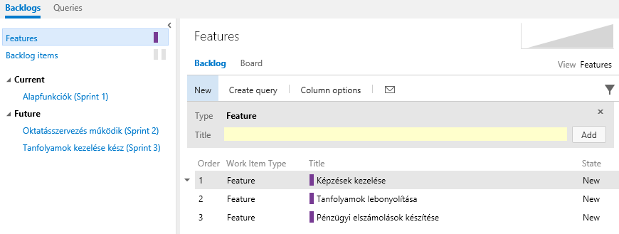 3. Visual Studio Online alapok 3-17 ábra: Sprintek kezelése A fejlesztő csapattal együtt dolgozó product owner a 3-18 ábrán látható képességeket definiálta a fejlesztési projekt előkészítése során.