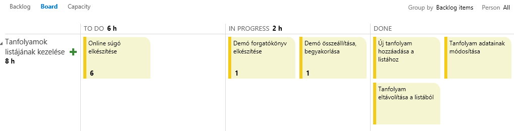 3. Visual Studio Online alapok 3-21 ábra: A backlog elemek lebontása feladatokra A sprint indítása után a csapat folyamatosan követi az egyes feladatok előrehaladását, amint azt a 3-22 ábra is