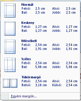 A dokumentumok nyomtatási képének megjelenítése és kinyomtatása 3. A Oldalbeállítás Page Setup csoportban kattintsunk a Margók Margins gombra! Megjelenik a Margók Margins gyűjtemény. 1.28.ábra.