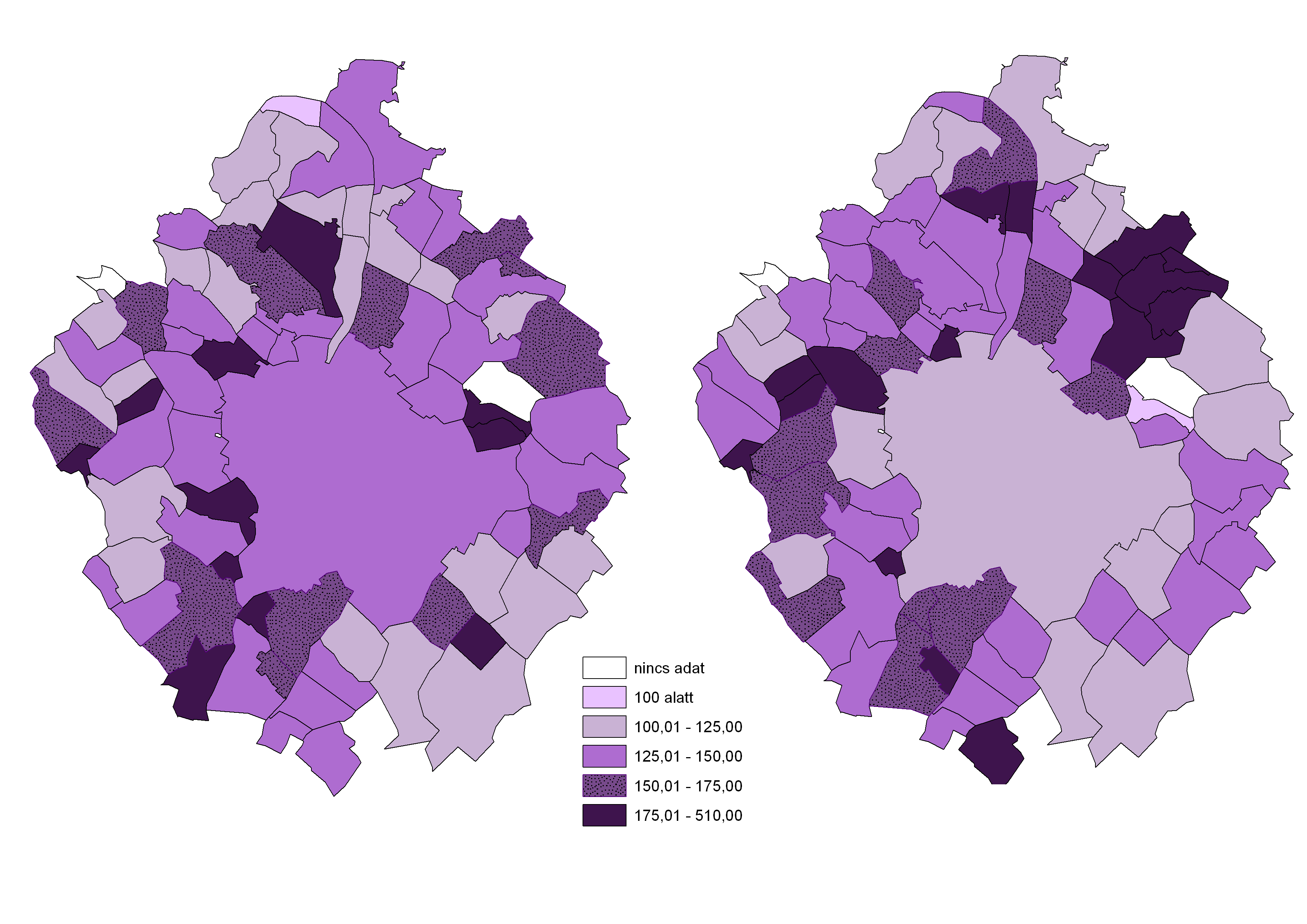 6. térkép: A népességszám változása 1970 és 1990, valamint 1990 és 2009 között a Budapesti Agglomerációban (%, 1970, 1990=100%) 7.