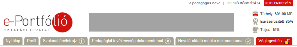 Az e-portfólió felület felépítése: Fejléc