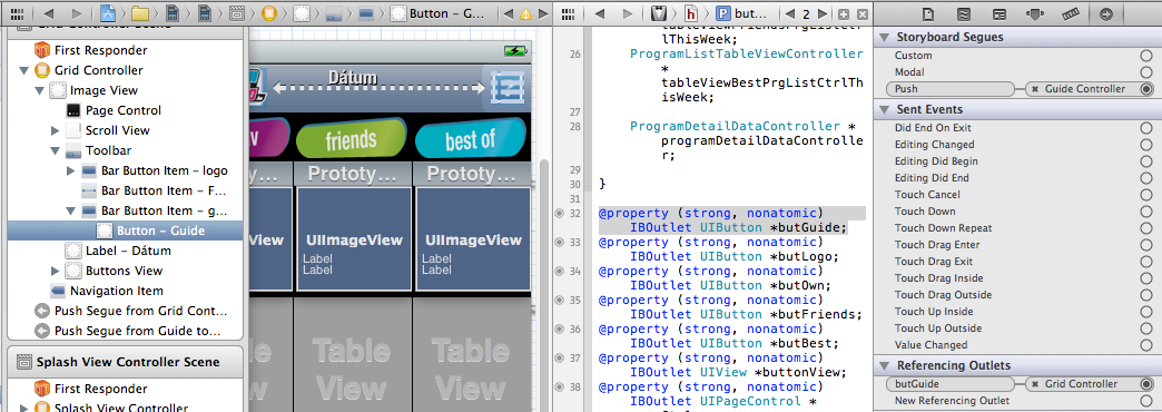 4.1.4 Outlet-ek, action-ök Ahhoz hogy a kódból elérjünk egy GUI elemet IBOutlet típusú hivatkozást kell készítenünk a h fájlba. Erre több módszert is nyújt a Storyboard editor.