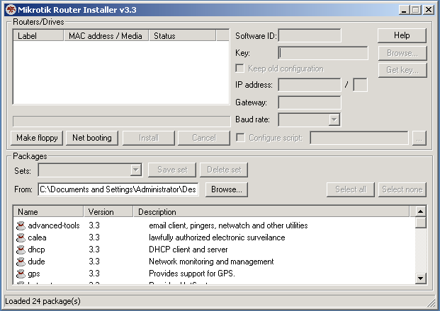 Netinstall 1.Router lista 2.Net Boot 3.