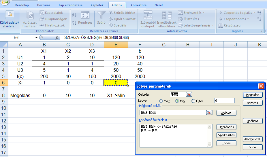 A végtelen sok megoldással rendelkező LP feladatok vizsgálata Ecxellel Most nézzük a (2) képlettel leírt módszer Excel megoldásának beállításait és magát a megoldást az x min feladat esetén: 1 4.