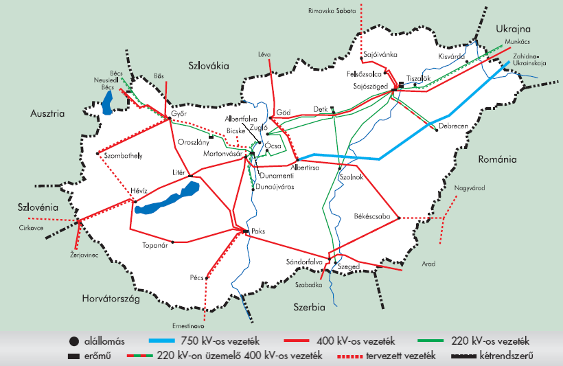 1. ábra. Magyarország villamos energia hálózata [6] Az ország évi bruttó villamosenergia-fogyasztása 41-42 milliárd kwh. Ennek döntő hányadát négy erőmű adja.