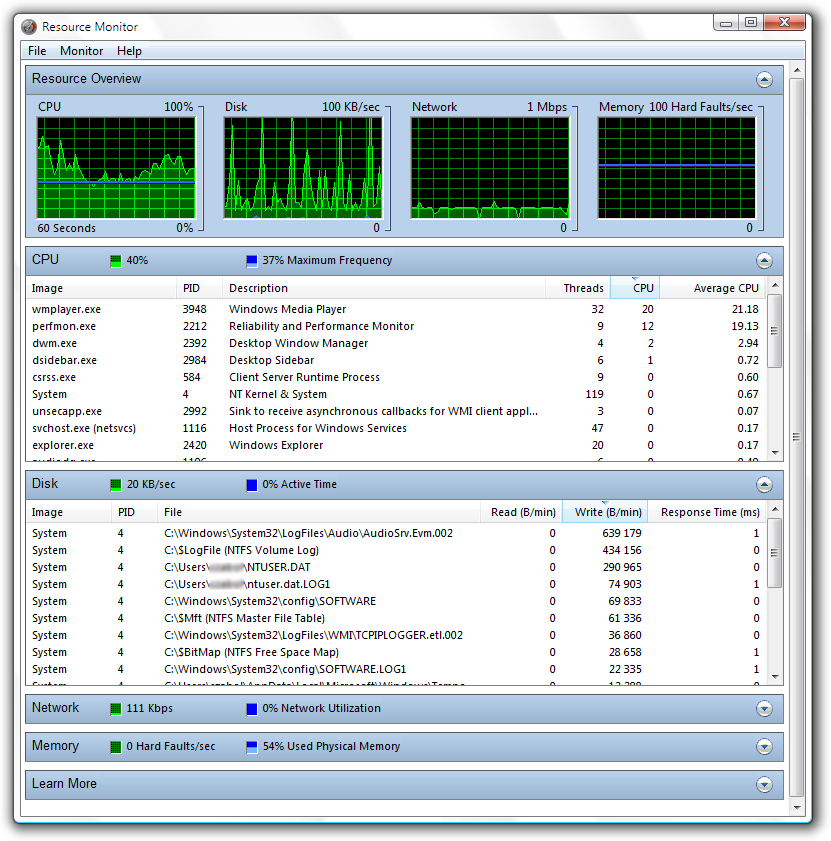 Részletes információk a folyamatok erőforrás-felhasználásáról Fő az egészség - Reliability Monitor A Windows Vista egyik vadonatúj szolgáltatása, mely a rendszergazdáknak és az egyéni felhasználóknak