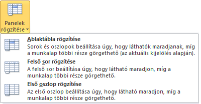 15. kép A Cellaegyesítés legördülő menüje A cellák rögzítése (fagyasztása) A terjedelmesebb táblázatok esetében sokszor előfordul az a probléma, hogy táblázat görgetése során, már a sorok és az