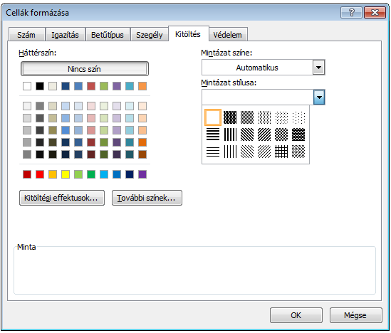 26. kép A Kitöltés lehetséges beállításai a Cellák formázása