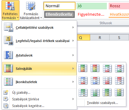 28. kép A Feltételes formázás Színskálák lehetősége Pontosabb formázást tesz lehetővé a Cellakijelölési