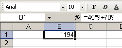 34. kép 45*9+789 művelet eredményének megjelenítése a B1-es cellában A számtani alapműveletek (például összeadás, kivonás, szorzás, osztás) végrehajtásához az alábbi matematikai jeleket