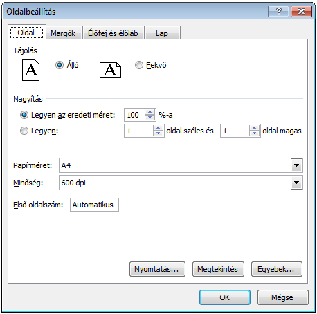 7. kép Oldalbeállítás csoport utasításai Az Oldalbeállítás párbeszédpanel felületén lehetőségünk van az egyes paraméterek pontosabb meghatározására, valamint az oldal és a margók beállítása mellett