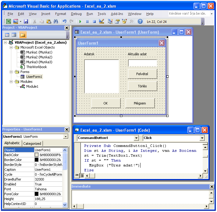 3.7. ábra. A Visual Basic Editor Bár az ablak elrendezése beállítható, egy tipikus elrendezés a 3.7. ábrán látható.
