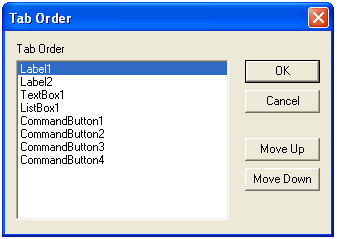 3.29. ábra. A Tab Order ablak A formra tett vezérlők a vezérlő típusából és egy sorszámból álló azonosítót (Name) kapnak (pl. CommandButton1). A sorszám egytől kezdődően kerül kiosztásra.