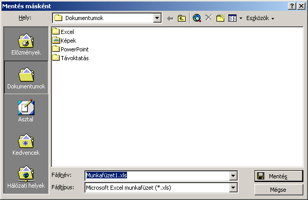 Excel 2000 modul 1. fejezet Munkafüzet mentése A munkafüzet mentése azt jelenti, hogy a készített táblázat a számítógép kikapcsolása után is megmarad, tárolásra kerül, és bármikor újból előhívható.