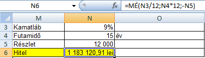 Szakács Béla: Az Excel 2007 gyakorlati, kreatív használata Felvehető hitel nagysága, vagy mai érték MÉ() [PV()] MÉ(kamatláb, futamidő, havidíj, jövőbeli érték, típus) Ha adott fix kamatláb mellett a