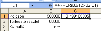 Függvények A négy éves futamidő törlesztőrészlete: =RÉSZLET(17%/12;4*12;200000) = 5 771,01 lej A kisebb részletekkel így majdnem 40 000 lejt veszít!