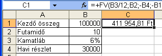 Függvények A JBÉ függvényt használja, mellyel egy befektetés jövőbeli értéke számítható ki azonos összegű rendszeres befizetések és állandó kamatláb mellett: =JBÉ(6%/12;10;-30000;-100000) A 6